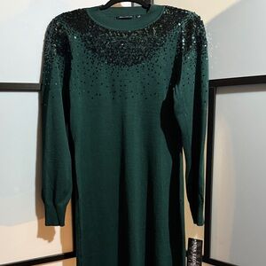 Nina Leonard Emerald Sequin Long Sleeve Dress